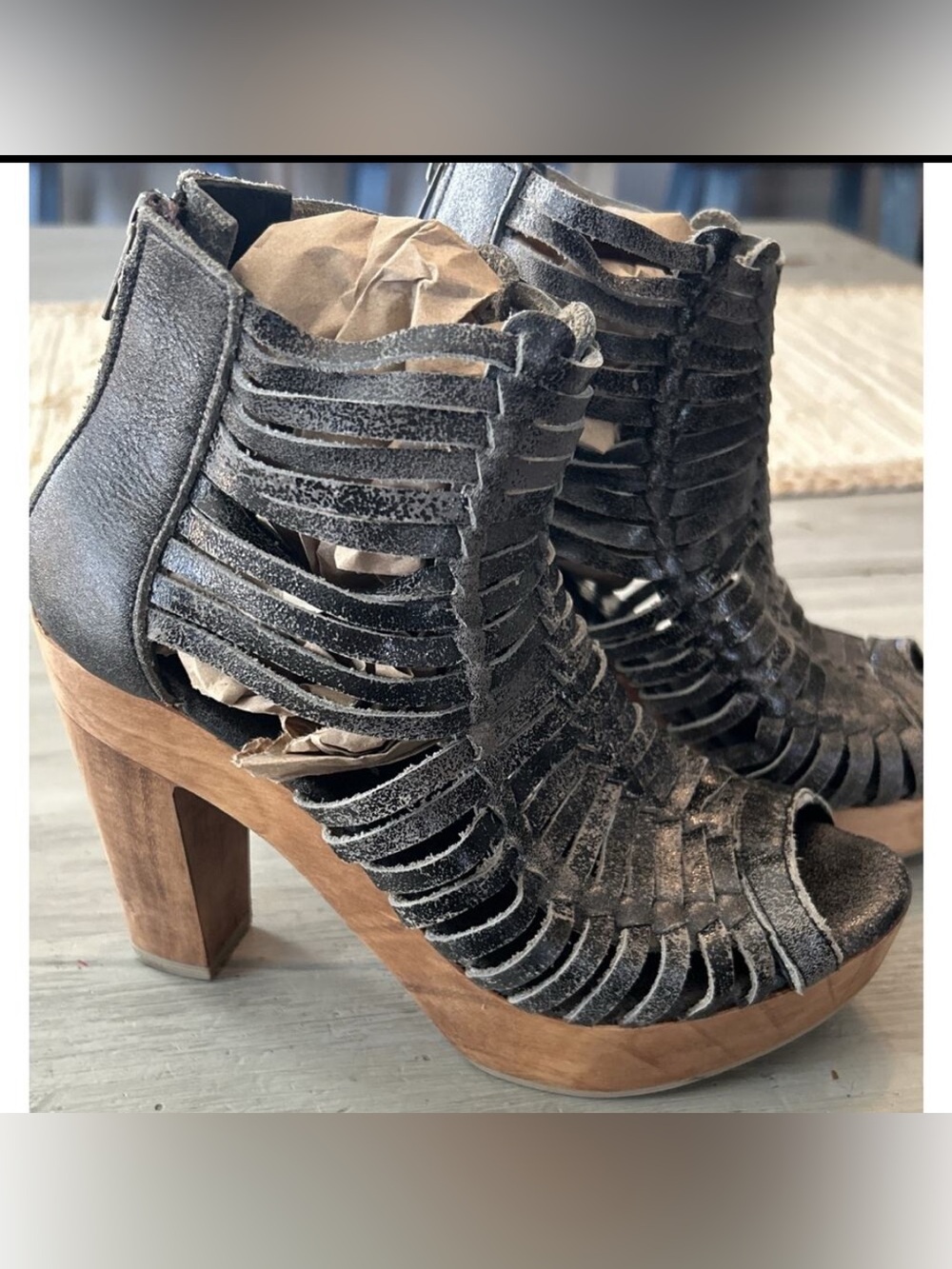 Sbicca Black Strappy Cutout Platform Heels with Wood-Tone Block Heel